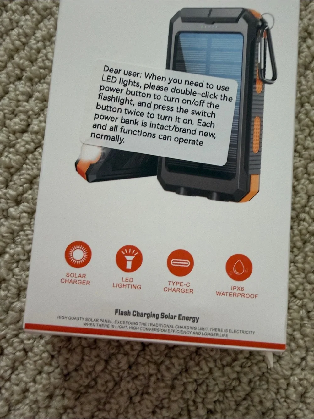 NEW Solar Charger Power Bank with LED Flashlight - Black & Orange
